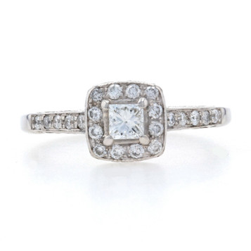 White Gold Diamond Halo Engagement Ring - 14k Princess .53ctw Milgrain Cathedral White Gold Diamond Halo Engagement Ring - 14k Princess .53ctw Milgrain Cathedral