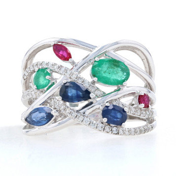 Kallati Sapphire Emerald Ruby Diamond Crossover Band White Gold 9k 2.16ctw Ring Kallati Sapphire Emerald Ruby Diamond Crossover Band White Gold 9k 2.16ctw Ring