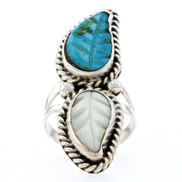 Sterling Silver Turquoise & Mother of Pearl Two-Stone Leaf Ring - 925 Feathers Sterling Silver Turquoise & Mother of Pearl Two-Stone Leaf Ring - 925 Feathers