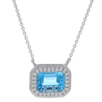 White Gold Blue Topaz & Diamond Halo Necklace 14k Emerald Cut 1.35ctw Adjustable White Gold Blue Topaz & Diamond Halo Necklace 14k Emerald Cut 1.35ctw Adjustable