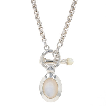 Sterling Silver Mother of Pearl & Cubic Zirconia Necklace 20 1/4" - 925 Rolo Sterling Silver Mother of Pearl & Cubic Zirconia Necklace 20 1/4" - 925 Rolo