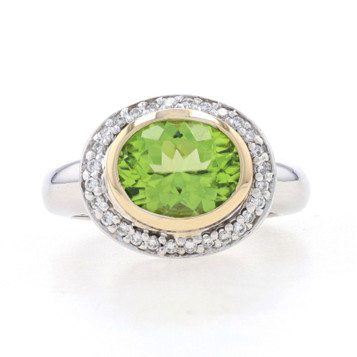 White Gold Peridot & Diamond Halo Ring - 14k Oval 3.10ctw East-West White Gold Peridot & Diamond Halo Ring - 14k Oval 3.10ctw East-West