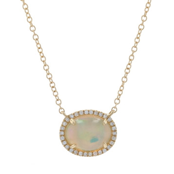 Yellow Gold Opal & Diamond Halo Necklace - 14k Oval Cabochon 1.09ctw Adjustable Yellow Gold Opal & Diamond Halo Necklace - 14k Oval Cabochon 1.09ctw Adjustable