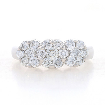 White Gold Diamond Cluster Halo Ring - 14k Round 1.00ctw Three-Stone Engagement White Gold Diamond Cluster Halo Ring - 14k Round 1.00ctw Three-Stone Engagement