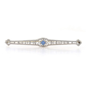 White Gold Sapphire Art Deco Bar Brooch - 14k Sq Step .15ct Vintage Filigree Pin White Gold Sapphire Art Deco Bar Brooch - 14k Sq Step .15ct Vintage Filigree Pin