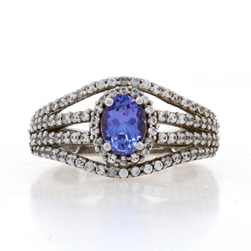 Sterling Silver Tanzanite & White Topaz Halo Ring - Oval Cut 925 Sterling Silver Tanzanite & White Topaz Halo Ring - Oval Cut 925