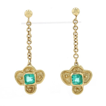 Yellow Gold Emerald Dangle Earrings - 18k Square 2.04ctw Flowers Pierced Yellow Gold Emerald Dangle Earrings - 18k Square 2.04ctw Flowers Pierced
