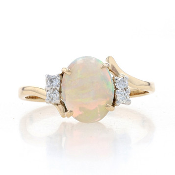 Yellow Gold Opal & Diamond Bypass Ring - 14k Oval Cabochon 1.42ctw Yellow Gold Opal & Diamond Bypass Ring - 14k Oval Cabochon 1.42ctw