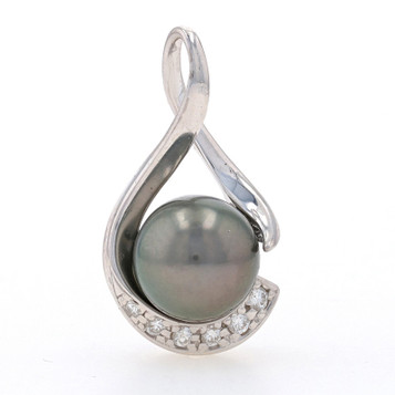 Maui Divers Tahitian Pearl & Diamond Pendant - White Gold 14k Round .20ctw Swirl
