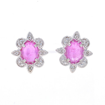 Silver Pink Tourmaline & White Topaz Large Stud Earrings 925 Oval 2.23ctw Flower Silver Pink Tourmaline & White Topaz Large Stud Earrings 925 Oval 2.23ctw Flower