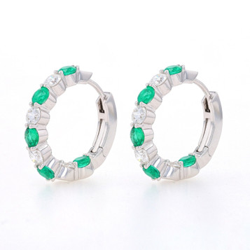 White Gold Emerald & Diamond Inside-Out Hoop Earrings 18k Round 2.42ctw Pierced White Gold Emerald & Diamond Inside-Out Hoop Earrings 18k Round 2.42ctw Pierced