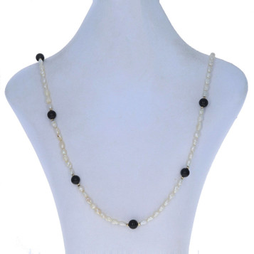 Yellow Gold Onyx & Freshwater Keshi Pearl Beaded Station Necklace 31 1/2" - 14k Yellow Gold Onyx & Freshwater Keshi Pearl Beaded Station Necklace 31 1/2" - 14k