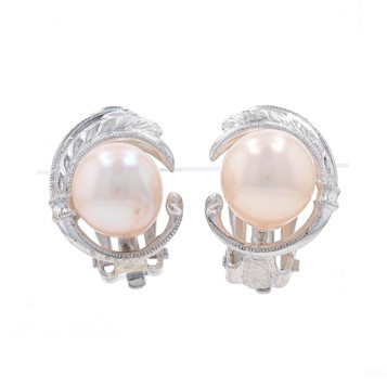Sterling Silver Cultured Pearl Stud Earrings 925 Feather Curve Milgrain Clip-Ons Sterling Silver Cultured Pearl Stud Earrings 925 Feather Curve Milgrain Clip-Ons