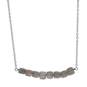 Sterling Silver Labradorite Beaded Bar Necklace 925 Faceted Bead Cube Adjustable Sterling Silver Labradorite Beaded Bar Necklace 925 Faceted Bead Cube Adjustable