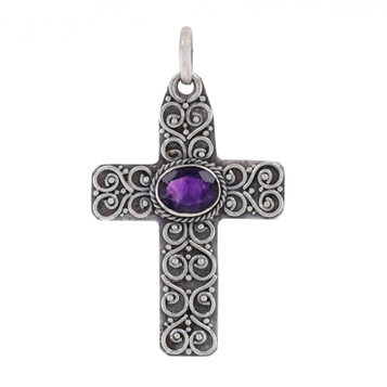Sterling Silver Amethyst Scrollwork Cross Pendant - 925 Oval 2.40ct Faith Sterling Silver Amethyst Scrollwork Cross Pendant - 925 Oval 2.40ct Faith