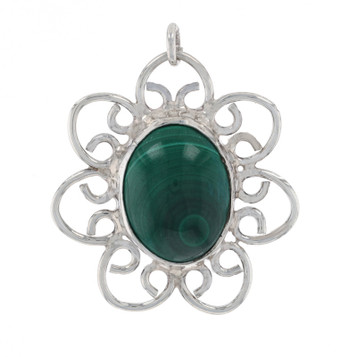Sterling Silver Malachite Flower Solitaire Pendant - 925 Oval Cabochon Sterling Silver Malachite Flower Solitaire Pendant - 925 Oval Cabochon