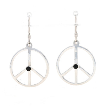 Sterling Silver Onyx Peace Sign Dangle Earrings - 925 Symbol Pierced Sterling Silver Onyx Peace Sign Dangle Earrings - 925 Symbol Pierced