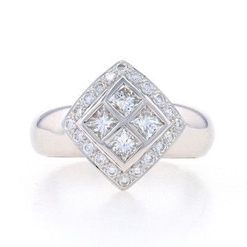 White Gold Diamond Cluster Halo Ring -18k Princess & Rnd .83ctw Lattice Cocktail White Gold Diamond Cluster Halo Ring -18k Princess & Rnd .83ctw Lattice Cocktail