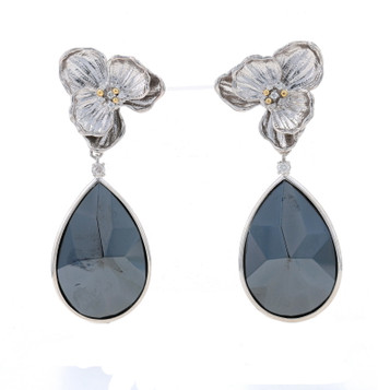 Sterling Hematite & Diamond Dangle Earrings 925 14k Gold Pltd Pear .28ctw Floral Sterling Hematite & Diamond Dangle Earrings 925 14k Gold Pltd Pear .28ctw Floral