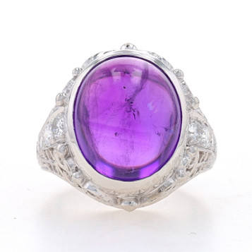 Platinum Amethyst & Diamond Ring - Oval Cabochon 9.92ctw Filigree Milgrain Sz 7 Platinum Amethyst & Diamond Ring - Oval Cabochon 9.92ctw Filigree Milgrain Sz 7