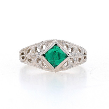 White Gold Simulated Emerald Art Deco Solitaire Ring 10k Midi Vintage Child's 1 White Gold Simulated Emerald Art Deco Solitaire Ring 10k Midi Vintage Child's 1