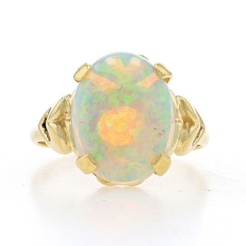Yellow Gold Opal Cocktail Solitaire Ring - 14k Oval Cabochon 3.73ct Yellow Gold Opal Cocktail Solitaire Ring - 14k Oval Cabochon 3.73ct