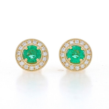 Yellow Gold Emerald & Diamond Halo Stud Earrings - 14k Round 1.13ctw Pierced Yellow Gold Emerald & Diamond Halo Stud Earrings - 14k Round 1.13ctw Pierced
