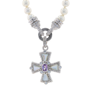 Judith Ripka Pearl Amethyst CZ Maltese Cross Necklace 18" Sterling 925 Faith Judith Ripka Pearl Amethyst CZ Maltese Cross Necklace 18" Sterling 925 Faith