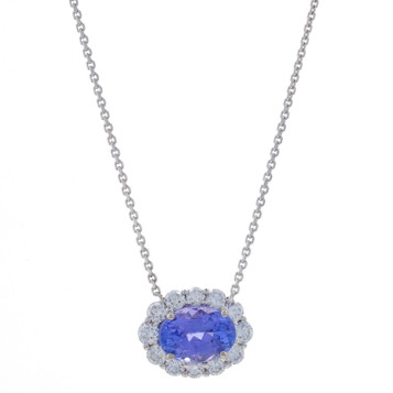 White Gold Tanzanite & Diamond East-West Halo Necklace - 14k Oval 2.41ctw Adjust White Gold Tanzanite & Diamond East-West Halo Necklace - 14k Oval 2.41ctw Adjust