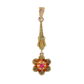 Yellow Gold Lab-Created Ruby Vintage Lavaliere Solitaire Pendant 10k Rnd Flower Yellow Gold Lab-Created Ruby Vintage Lavaliere Solitaire Pendant 10k Rnd Flower