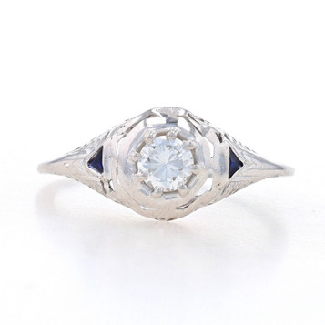 White Gold Diamond & Lab-Created Sapphire Art Deco Ring 18k Rnd.33ct Engagement White Gold Diamond & Lab-Created Sapphire Art Deco Ring 18k Rnd.33ct Engagement