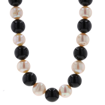 Yellow Gold Onyx & Cultured Pearl Beaded Strand Necklace 18" - 14k Yellow Gold Onyx & Cultured Pearl Beaded Strand Necklace 18" - 14k