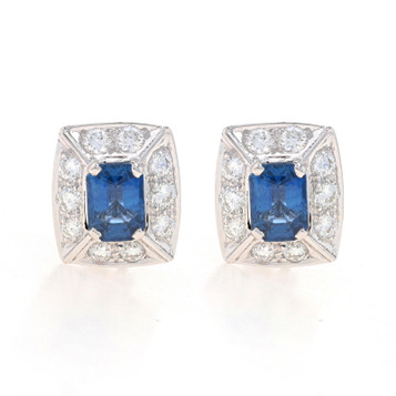 White Gold Sapphire & Diamond Halo Stud Earrings - 14k Radiant 3.30ctw Pierced White Gold Sapphire & Diamond Halo Stud Earrings - 14k Radiant 3.30ctw Pierced