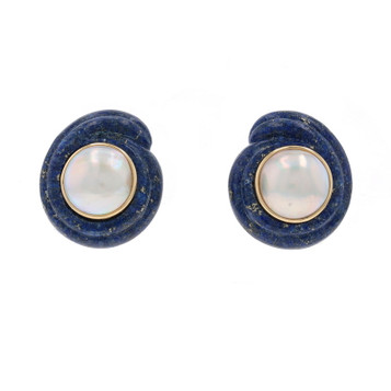 Yellow Gold Mabe Pearl & Lapis Vintage Large Stud Earrings 14k Halo Wave Pierced Yellow Gold Mabe Pearl & Lapis Vintage Large Stud Earrings 14k Halo Wave Pierced