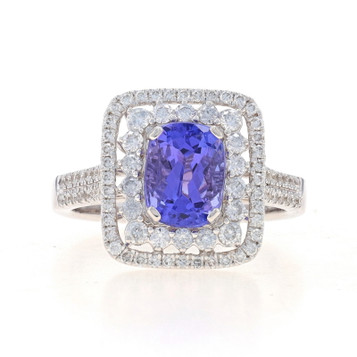 White Gold Tanzanite & Diamond Double Halo Ring - 18k Cushion 2.53ctw Engagement White Gold Tanzanite & Diamond Double Halo Ring - 18k Cushion 2.53ctw Engagement