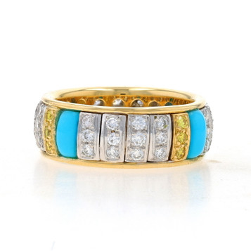 Yellow Gold Turquoise & Yellow Diamond Eternity Band - 18k Treated Ring Sz 6 1/4 Yellow Gold Turquoise & Yellow Diamond Eternity Band - 18k Treated Ring Sz 6 1/4