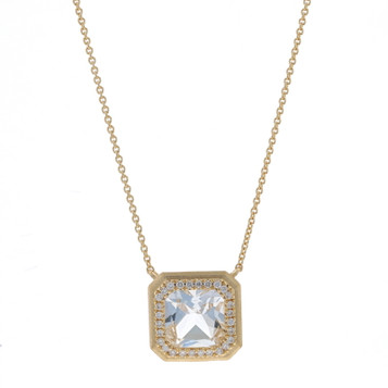 Yellow Gold Quartz & Diamond Halo Necklace -14k Square .14ctw Brushed Adjustable Yellow Gold Quartz & Diamond Halo Necklace -14k Square .14ctw Brushed Adjustable