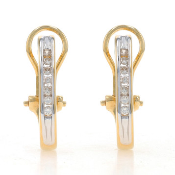 Yellow Gold Diamond J-Hoop Earrings - 14k Round .28ctw Channel Set Pierced Yellow Gold Diamond J-Hoop Earrings - 14k Round .28ctw Channel Set Pierced