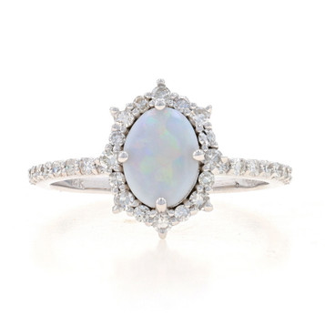 White Gold Opal & Diamond Halo Ring - 14k Oval Cabochon 1.28ctw Stackable White Gold Opal & Diamond Halo Ring - 14k Oval Cabochon 1.28ctw Stackable
