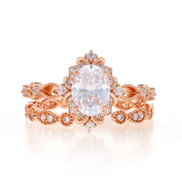 Rose Gold Cubic Zirconia Halo Engagement Ring & Wedding Band - 14k Oval 1.97ctw Rose Gold Cubic Zirconia Halo Engagement Ring & Wedding Band - 14k Oval 1.97ctw