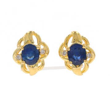 Yellow Gold Sapphire & Diamond Stud Earrings - 18k Oval 1.66ctw Pierced Yellow Gold Sapphire & Diamond Stud Earrings - 18k Oval 1.66ctw Pierced