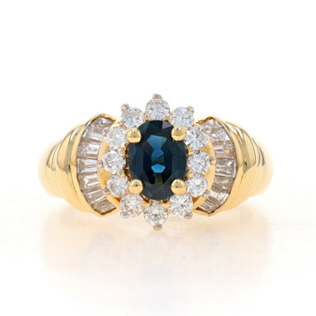 Yellow Gold Sapphire & Diamond Halo Ring - 18k Oval 2.14ctw Floral Yellow Gold Sapphire & Diamond Halo Ring - 18k Oval 2.14ctw Floral