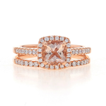 Rose Gold Morganite Diamond Halo Engagement Ring Wedding Band 10k Cushion1.28ctw Rose Gold Morganite Diamond Halo Engagement Ring Wedding Band 10k Cushion1.28ctw