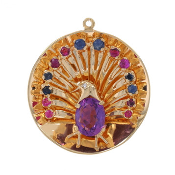 Yellow Gold Amethyst Sapphire Ruby Peacock Pendant - 14k 3.70ctw Bird Reversible Yellow Gold Amethyst Sapphire Ruby Peacock Pendant - 14k 3.70ctw Bird Reversible