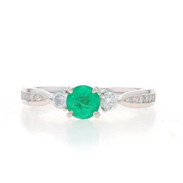 White Gold Emerald & Diamond Ring - 18k Round 1.12ctw Engagement White Gold Emerald & Diamond Ring - 18k Round 1.12ctw Engagement