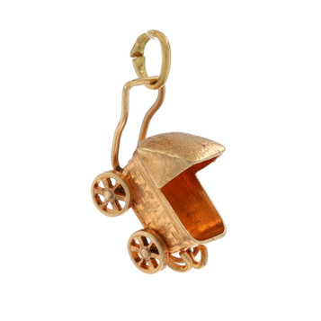 Yellow Gold Baby Carriage Charm - 10k Infant Pram Stroller Wheels Move Yellow Gold Baby Carriage Charm - 10k Infant Pram Stroller Wheels Move