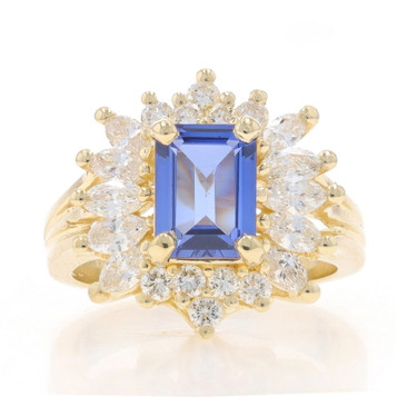 Yellow Gold Tanzanite & Diamond Halo Ring - 14k Emerald Cut 3.09ctw Floral Yellow Gold Tanzanite & Diamond Halo Ring - 14k Emerald Cut 3.09ctw Floral
