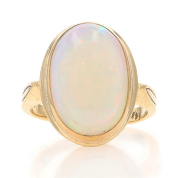 Yellow Gold Opal Cocktail Solitaire Ring - 14k Oval Cabochon 6.30ct Yellow Gold Opal Cocktail Solitaire Ring - 14k Oval Cabochon 6.30ct