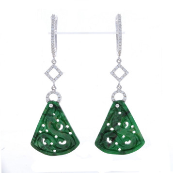 White Gold Jade & Diamond Fan Hoop Dangle Earrings - 18k Carved .33ctw Pierced White Gold Jade & Diamond Fan Hoop Dangle Earrings - 18k Carved .33ctw Pierced