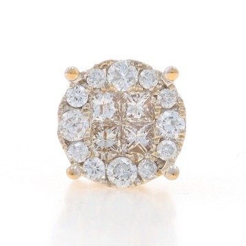 Yellow Gold Diamond SINGLE Cluster Halo Stud Earring 14k Princess Rnd .80ctw One Yellow Gold Diamond SINGLE Cluster Halo Stud Earring 14k Princess Rnd .80ctw One